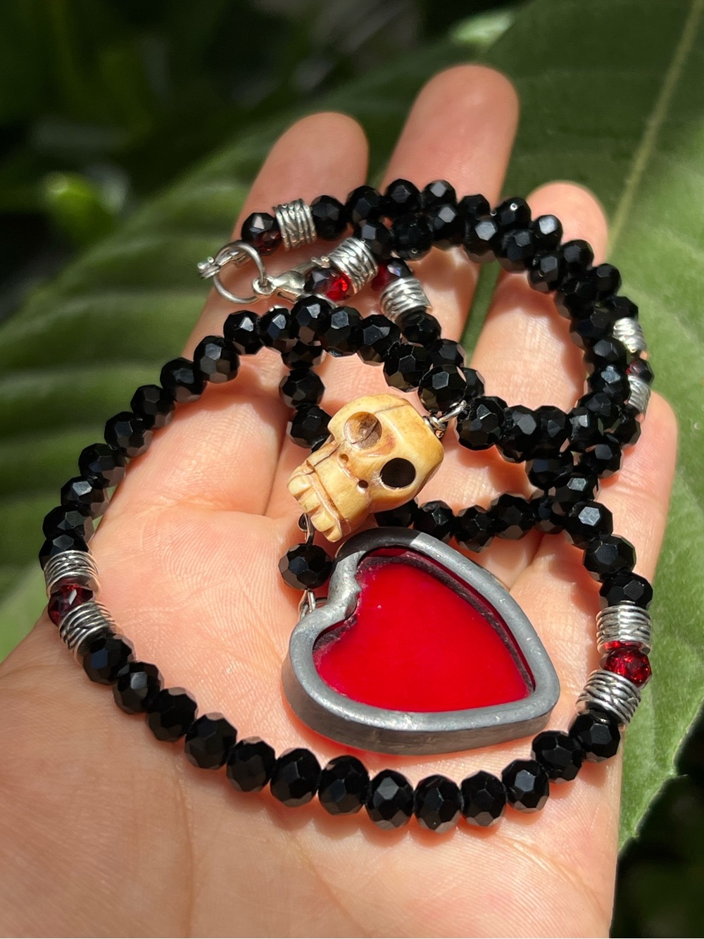 Handcrafted Black Crystal Bead Necklace with Red Steampunk Heart Pendant & Skull